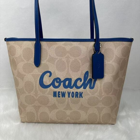 Coach City Tote Bag Signature Canvas W Coach Graphic Sand/Pacific Blue CY705 NWT - Picture 2 of 12